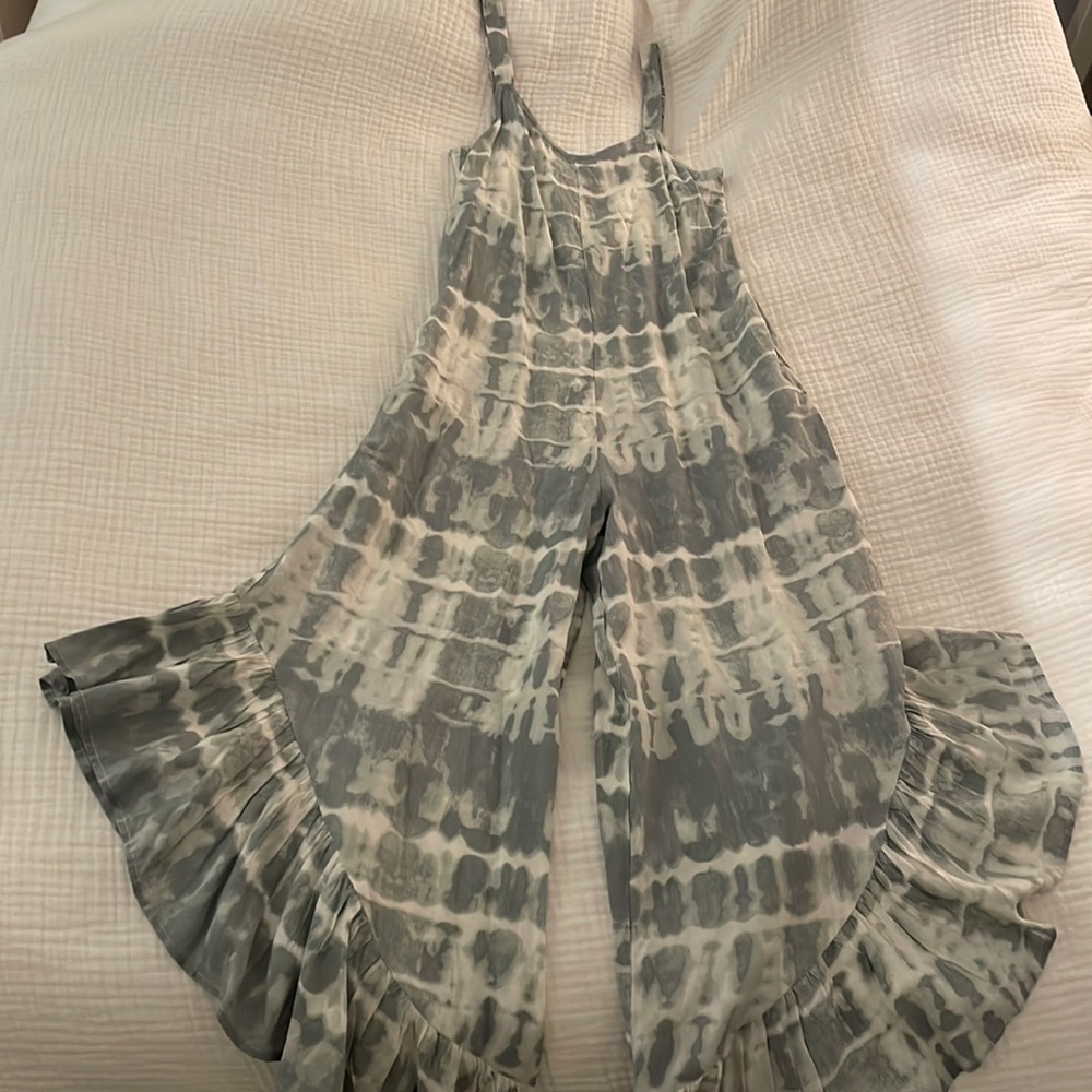 Green & White Tie-Dye Flare Leg Jumpsuit